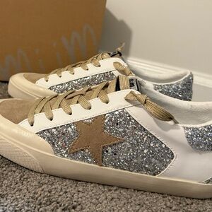 Silver Glitter Sneakers with Star Accent